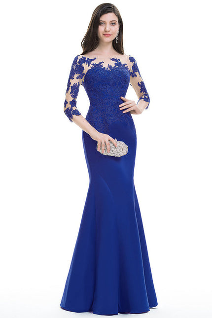 Robe de Soirée Longue Bleue Sirène Dentelle Satin
