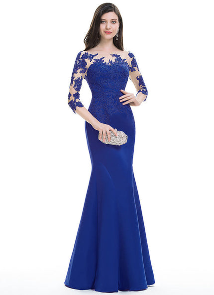 Robe de Soirée Longue Bleue Sirène Dentelle Satin