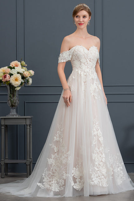 Robe de Soirée Longue Blanche Princesse Tulle Dentelle Mariée - gallery 2
