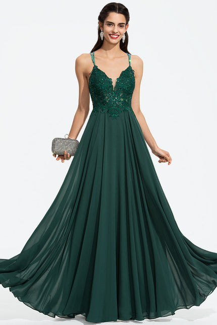 Robe Longue Vert Mousseuline Élégante Soirée - gallery 6