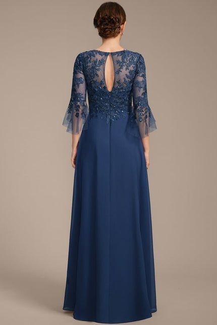 Robe de Soirée Longue Bleu Marine Dentelle Mousseline Volants - gallery 5