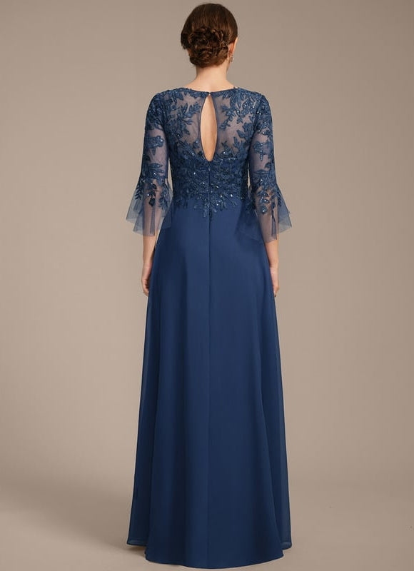 Robe de Soirée Longue Bleu Marine Dentelle Mousseline Volants - gallery 5