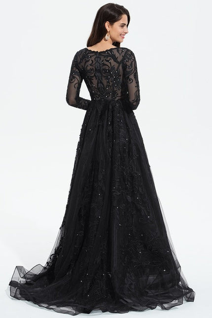 Robe Longue Noire Dentelle Paillettes Soirée - gallery 5