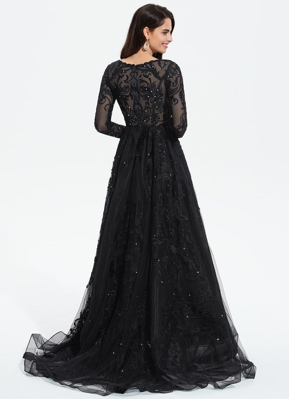 Robe Longue Noire Dentelle Paillettes Soirée - gallery 5