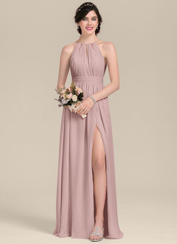 Robe de Soirée Longue Rose Mousseline Avec Nœud Et Volants