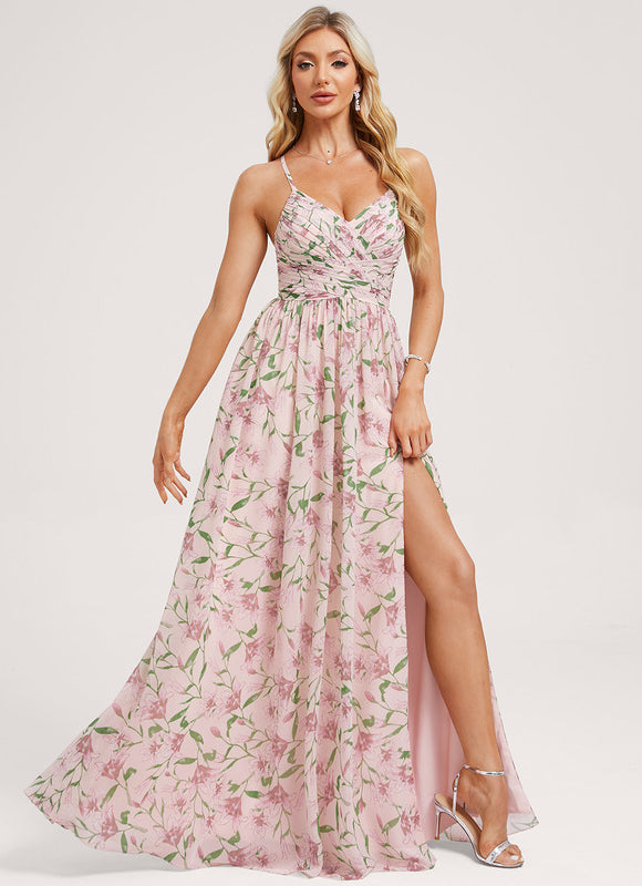 Robe de Soirée Mousseline Beige - gallery 1