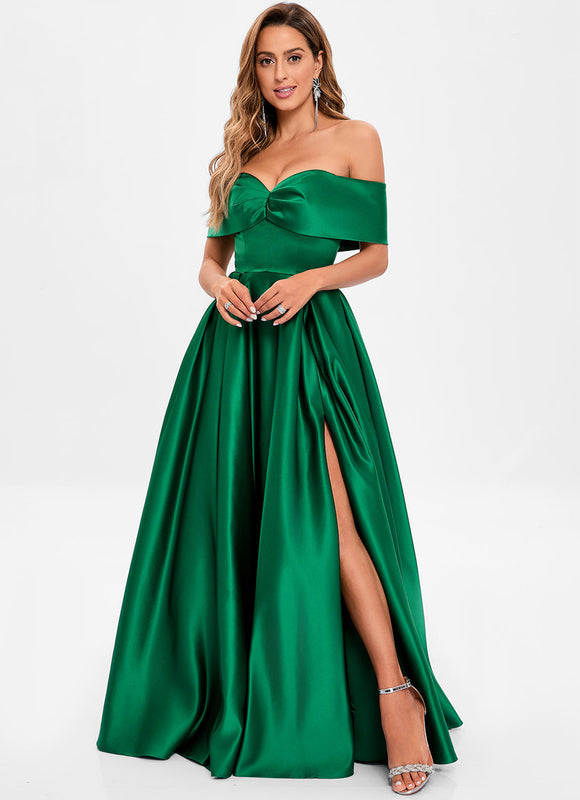 Robe de Soirée Longue Verte Satin Princesse Épaule Dénudée - gallery 2