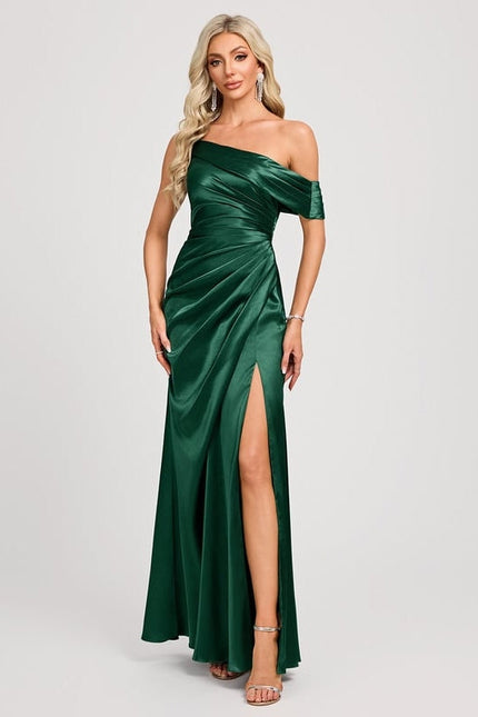 Robe de Soirée Satin Asymétrique Émeraude