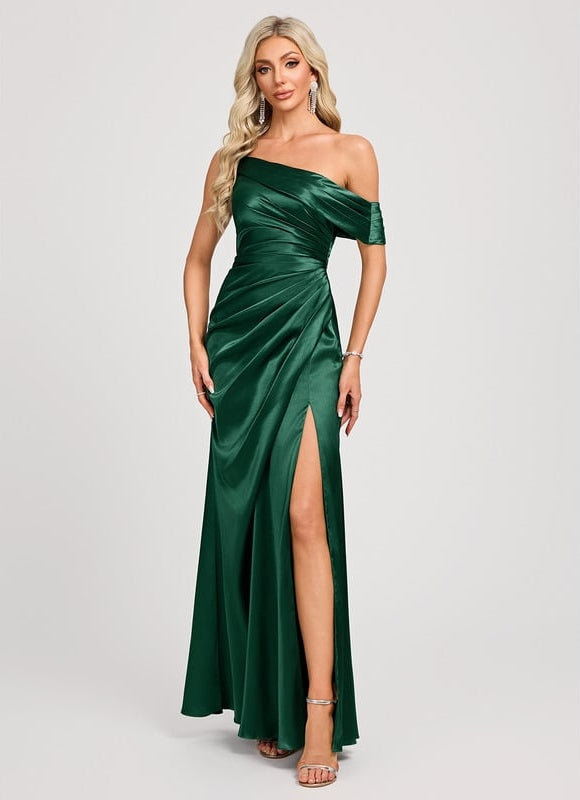 Robe de Soirée Satin Asymétrique Émeraude