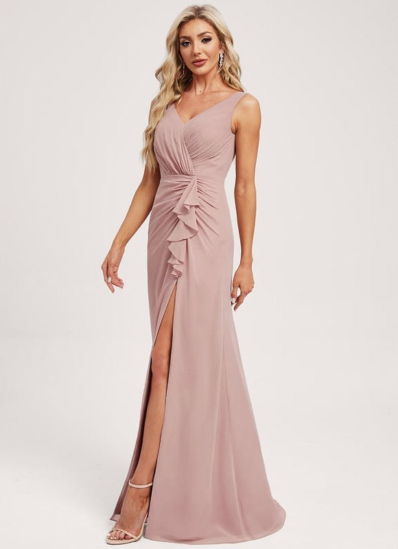 Robe de Soirée Mousseline Beige - gallery 1