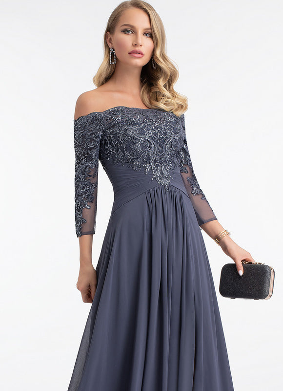 Robe de Soirée Longue Bleue Dentelle Paillettes - gallery 5