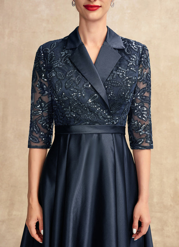 Robe de Soirée Longue Bleu Satin Dentelle Paillettes - gallery 1