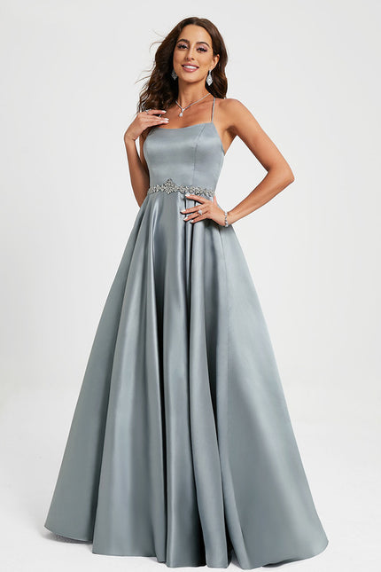 Robe de Soirée Longue Bleu Satin Strass Bal - gallery 2