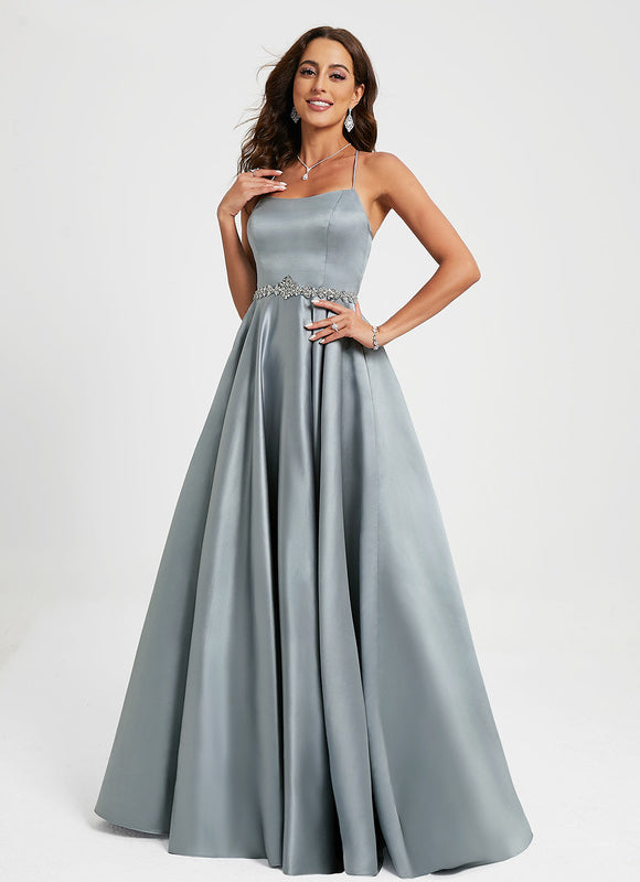 Robe de Soirée Longue Bleu Satin Strass Bal - gallery 2
