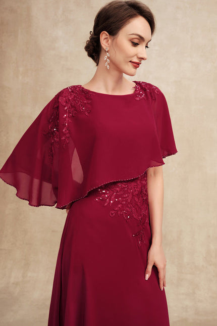 Robe de Soirée Longue Bordeaux En Mousseline Dentelle Perles - gallery 1