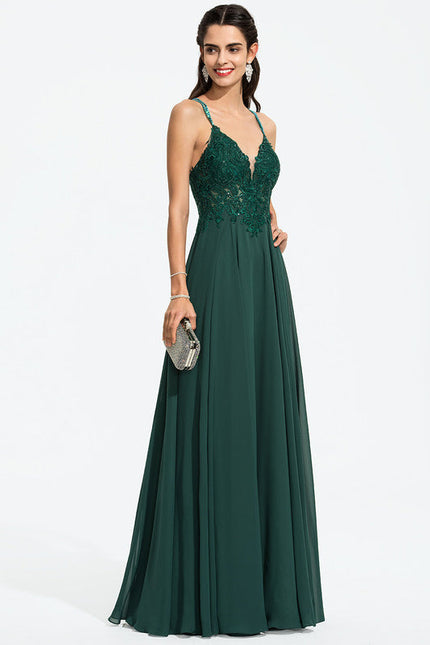 Robe Longue Vert Mousseuline Élégante Soirée - gallery 8