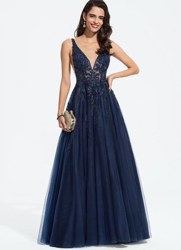 Robe de Soirée Longue Bleue Dentelle Et Paillettes - gallery 5