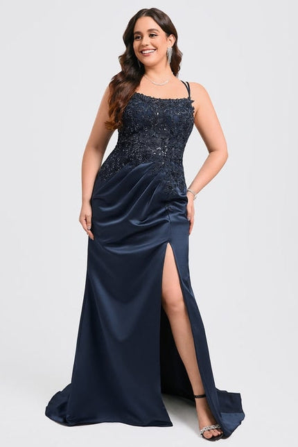 Robe Longue Bleue Satin Dentelle Paillettes Soirée - gallery 7