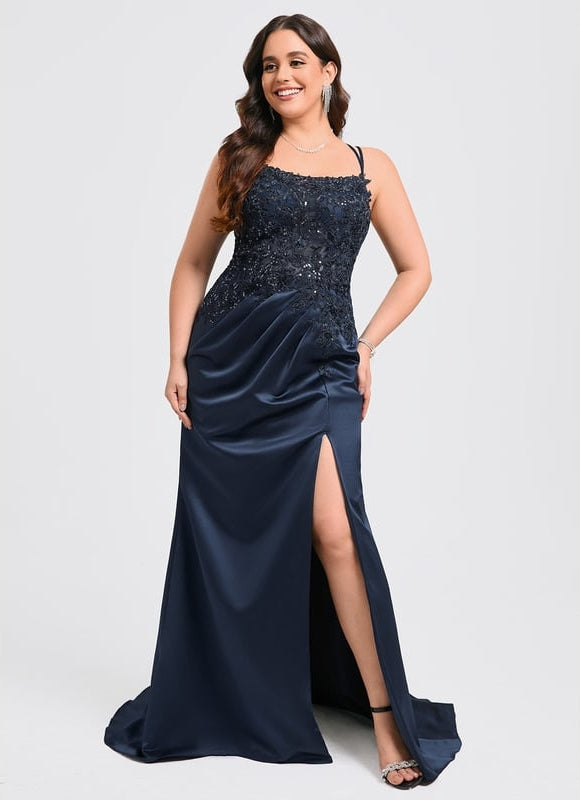 Robe Longue Bleue Satin Dentelle Paillettes Soirée - gallery 7