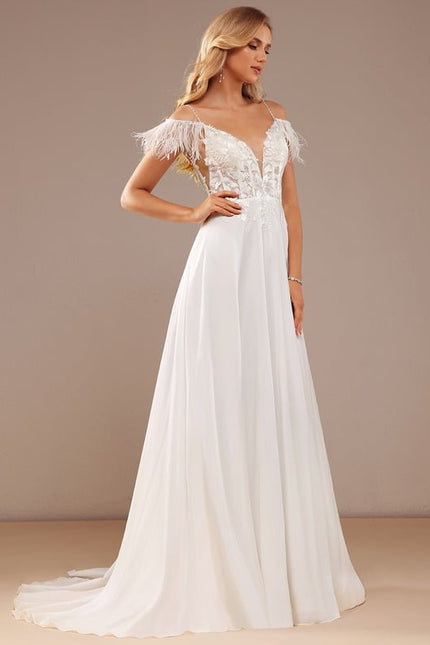 Robe de Soirée Élégance Plume Blanche