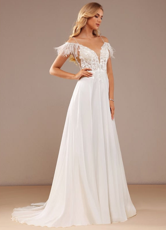 Robe de Soirée Élégance Plume Blanche