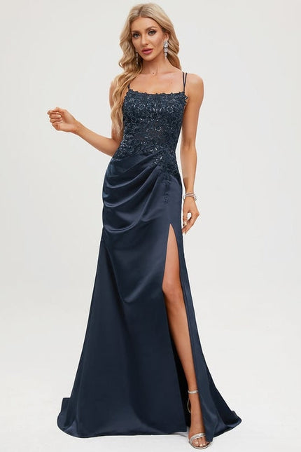 Robe Longue Bleue Satin Dentelle Paillettes Soirée - gallery 2