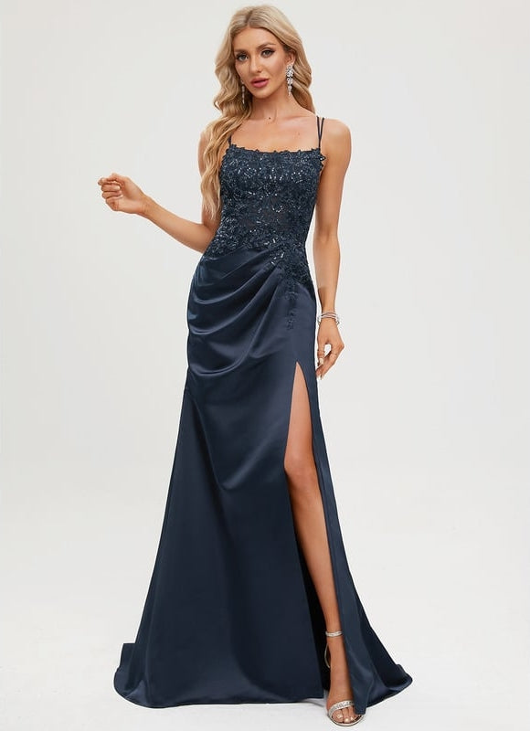 Robe Longue Bleue Satin Dentelle Paillettes Soirée - gallery 2