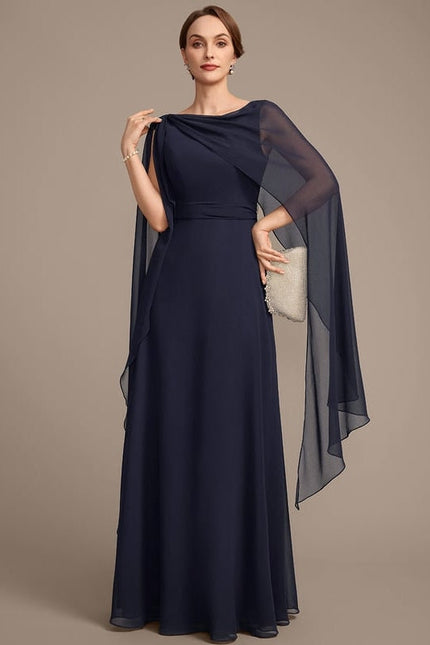 Robe de Soirée Longue Bleue En Mousseline Avec Nœud Plissé - gallery 3