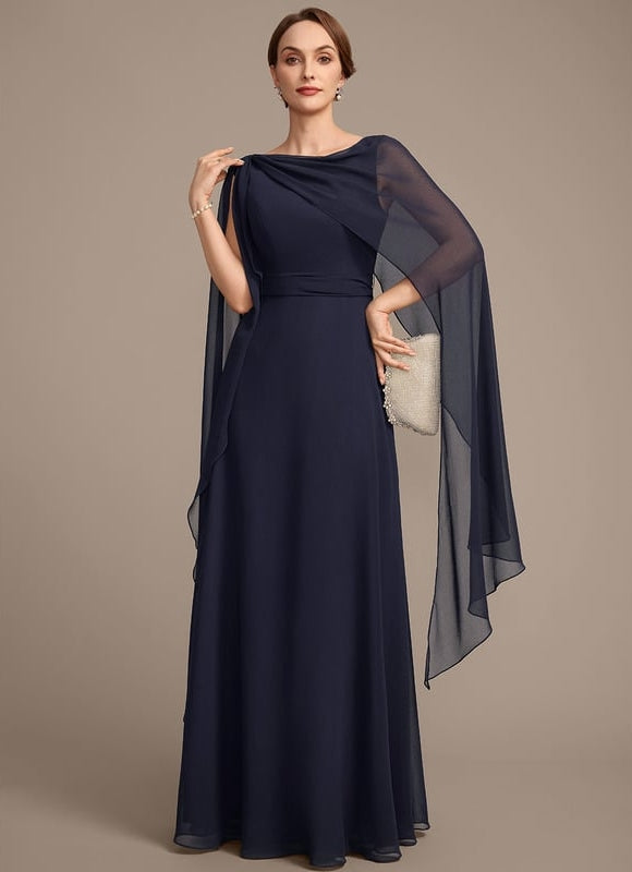 Robe de Soirée Longue Bleue En Mousseline Avec Nœud Plissé - gallery 3