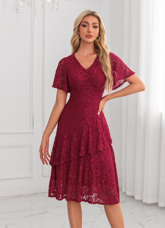 Robe de Soirée Dentelle Bordeaux
