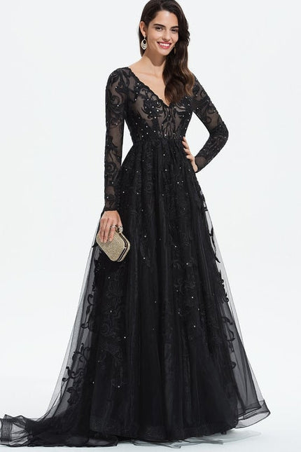 Robe Longue Noire Dentelle Paillettes Soirée - gallery 7