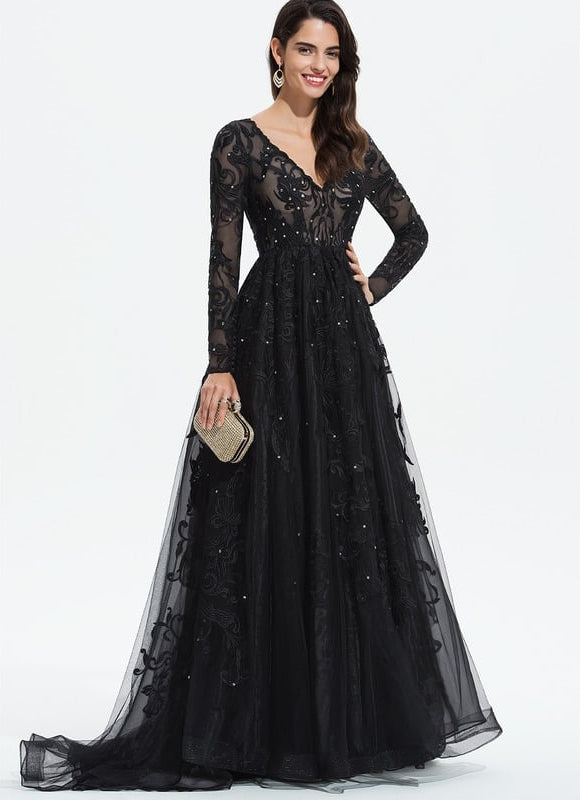 Robe Longue Noire Dentelle Paillettes Soirée - gallery 7