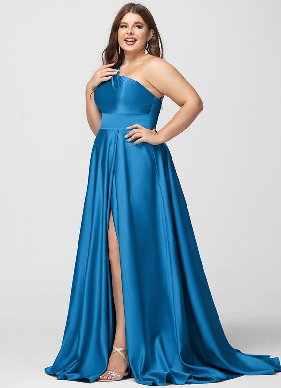 Robe Longue Bleu Satin Balayeuse Bal De Soirée - gallery 9