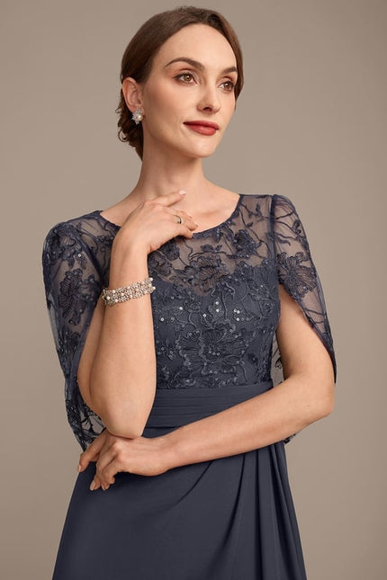 Robe de Soirée Longue Bleu Marine Dentelle Mousseline Volants - gallery 1