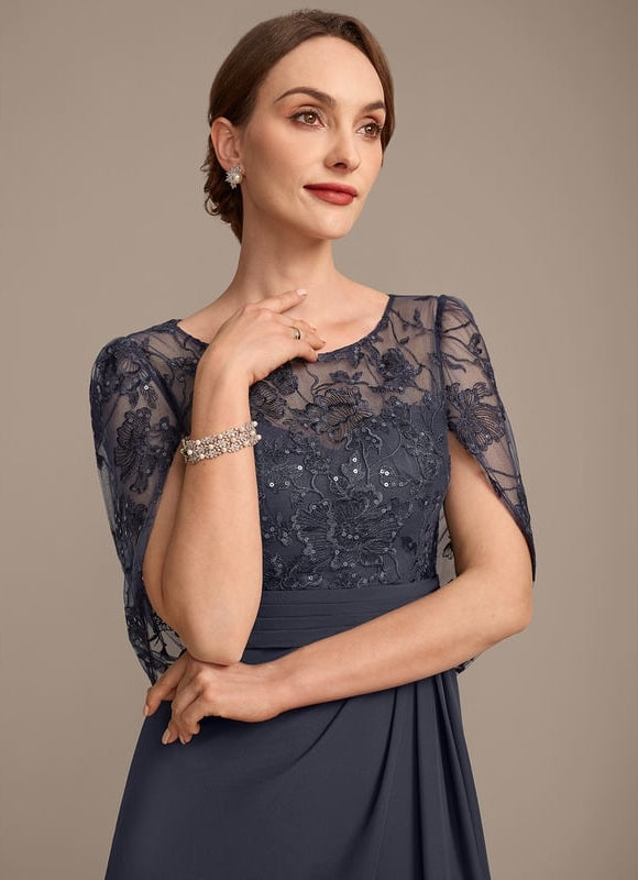 Robe de Soirée Longue Bleu Marine Dentelle Mousseline Volants - gallery 1