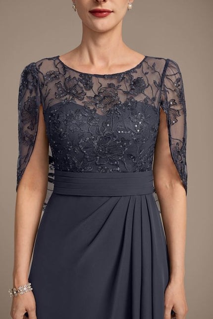 Robe de Soirée Longue Bleu Marine Dentelle Mousseline Volants - gallery 6