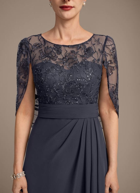Robe de Soirée Longue Bleu Marine Dentelle Mousseline Volants - gallery 6