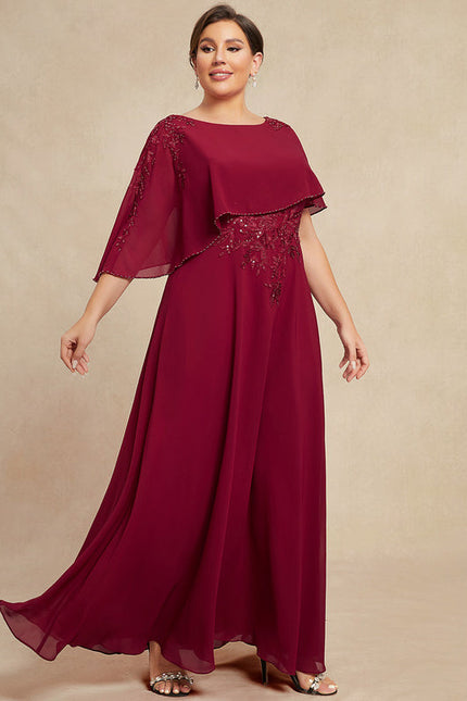 Robe de Soirée Longue Bordeaux En Mousseline Dentelle Perles - gallery 7