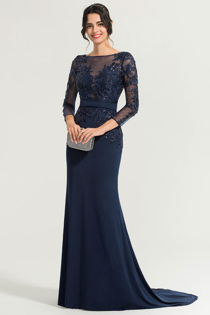 Robe de Soirée Longue Bleue En Dentelle Élégante