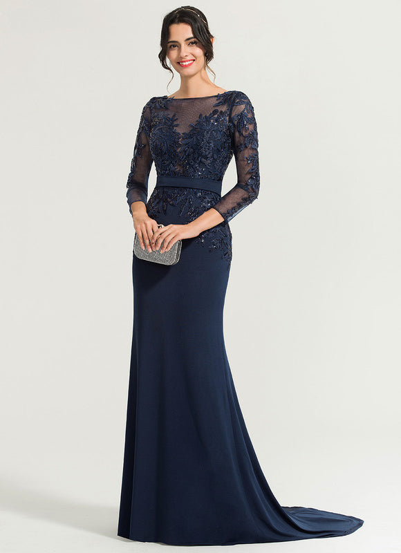 Robe de Soirée Longue Bleue En Dentelle Élégante