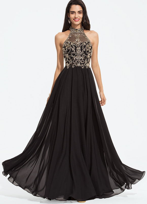 Robe de Soirée Longue Noire Brodée Perles Paillettes