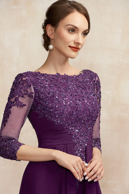 Robe de Soirée Longue Bordeaux En Mousseline Dentelle Perles - gallery 2