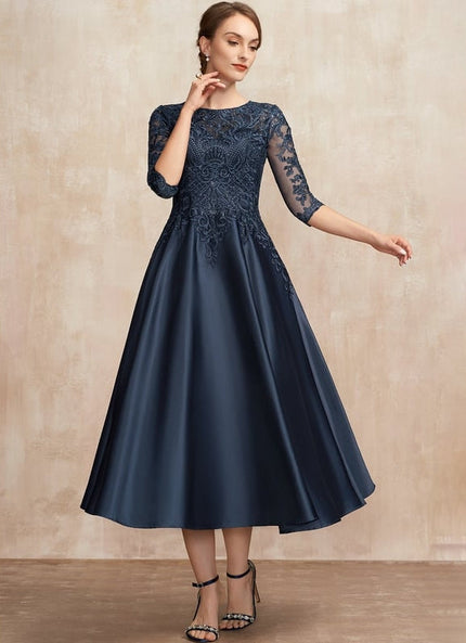 Robe de Soirée Longue Bleue Satin Dentelle Paillettes