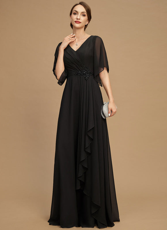 Robe de Soirée Longue Noire Mousseline Volants Paillettes - gallery 1