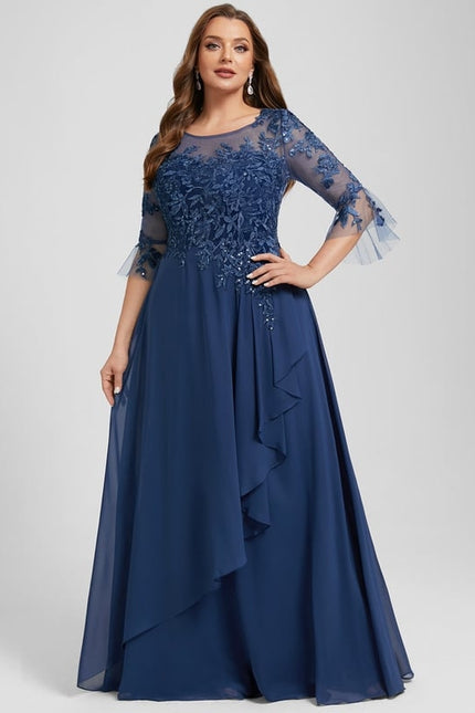 Robe de Soirée Longue Bleu Marine Dentelle Mousseline Volants - gallery 8