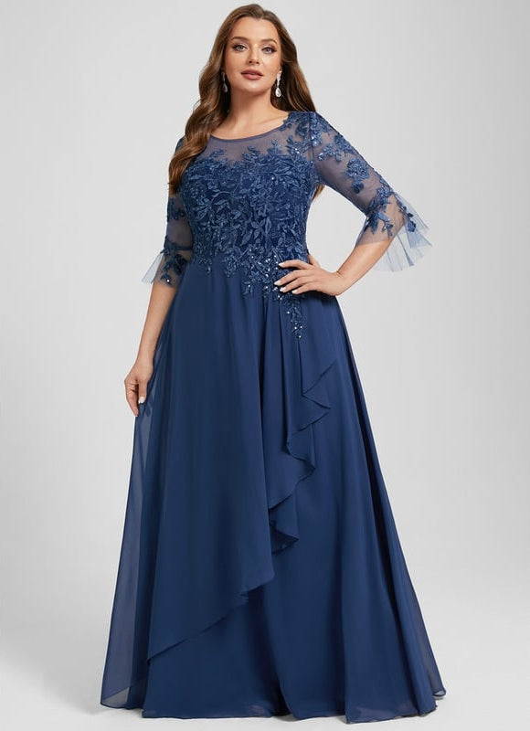 Robe de Soirée Longue Bleu Marine Dentelle Mousseline Volants - gallery 8