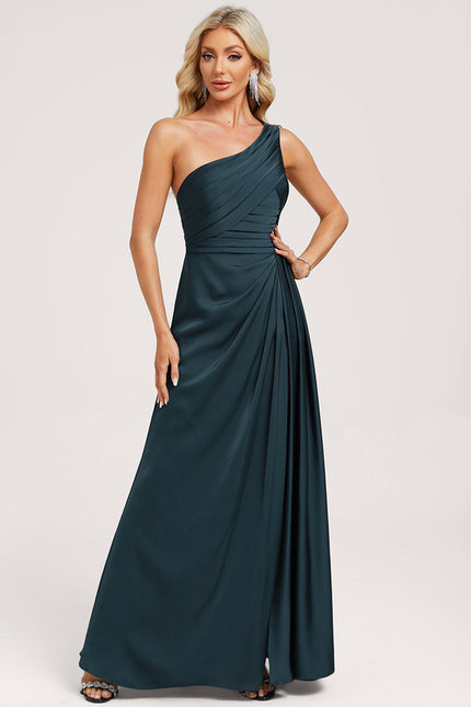 Robe de Soirée Longue Bleu Satin Décolleté Asymétrique - gallery 1