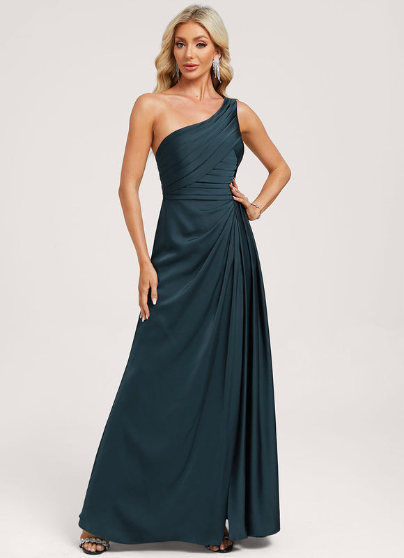 Robe de Soirée Longue Bleu Satin Décolleté Asymétrique - gallery 1