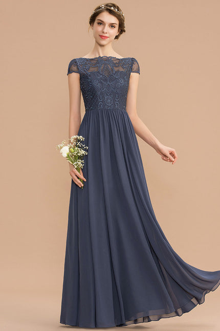 Robe de Soirée Longue Bleu Marine Dentelle Mousseline - gallery 1