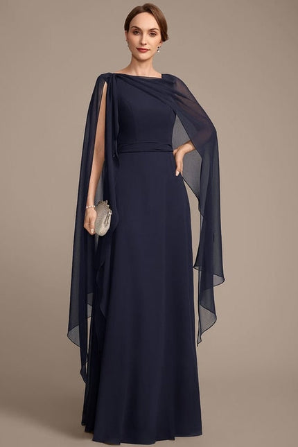Robe de Soirée Longue Bleue En Mousseline Avec Nœud Plissé - gallery 2
